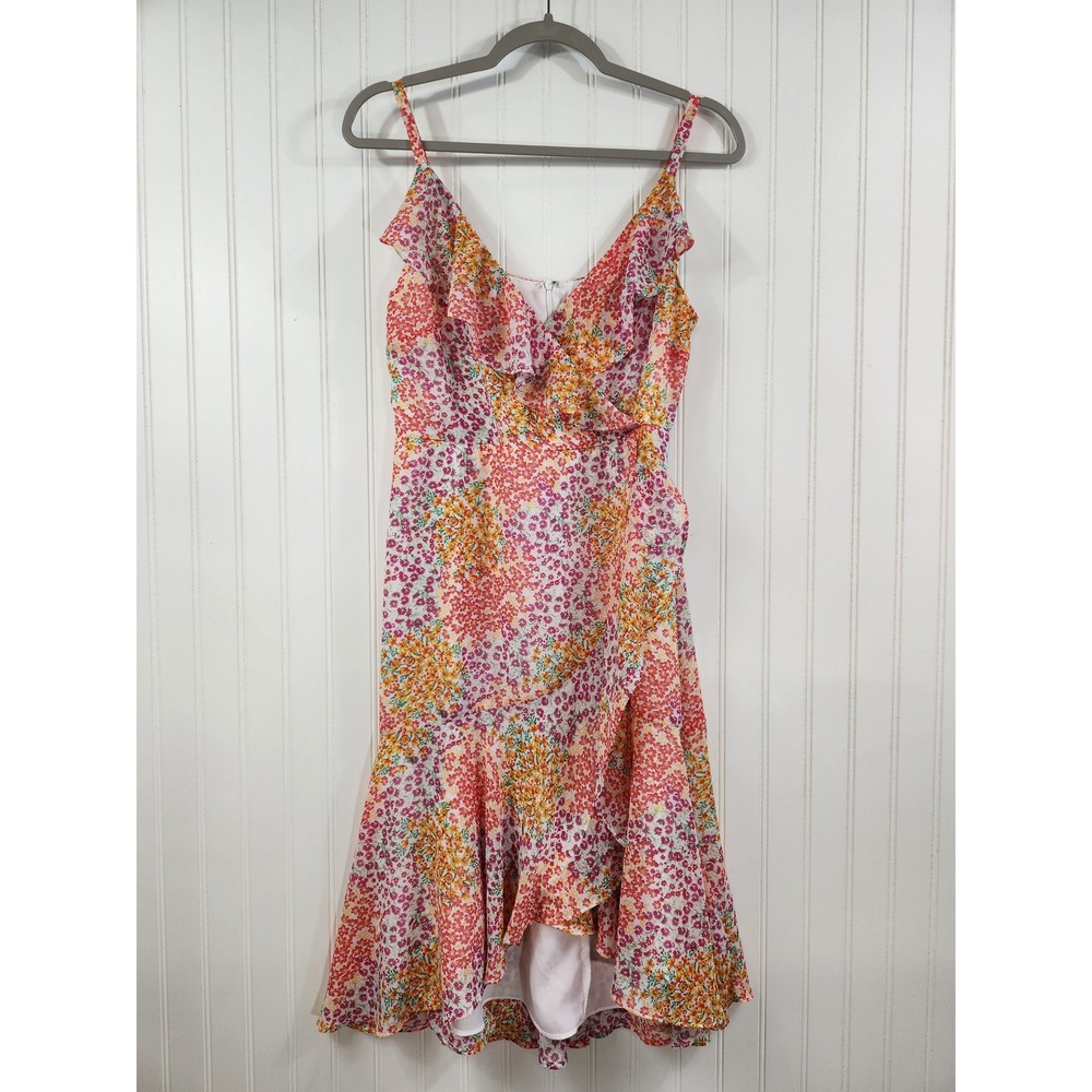 MSK Floral High-Low Ruffle Faux Wrap Midi Dress‎ Pink Orange Yellow Size M